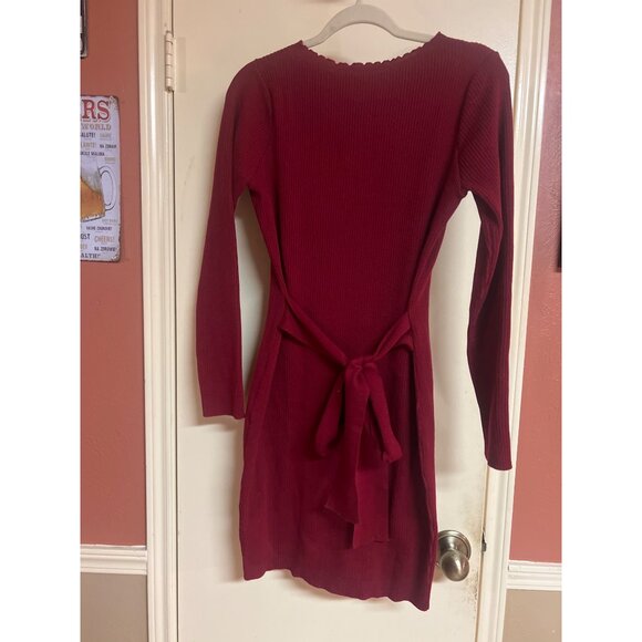 Shein M Burgundy Tie Waist Long Sleeve Scalloped Neckline Sweater Dress - Picture 4 of 6